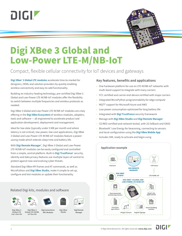 Digi XBee 3 Global LTE-M/NB-IoT 数据表封面页