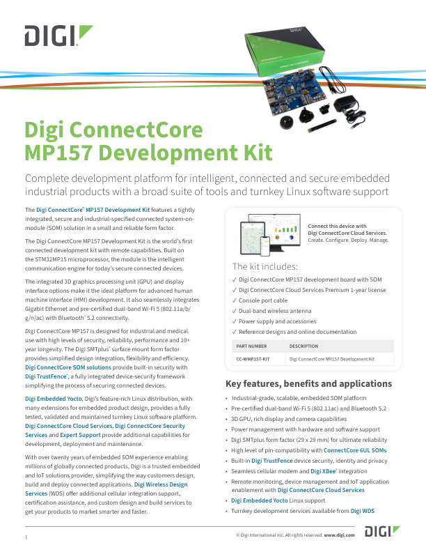 Digi ConnectCore MP157 Development Kit Datasheet cover page