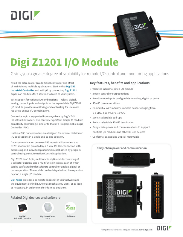 Portada de la hoja de datos del módulo de E/S Digi Z1201