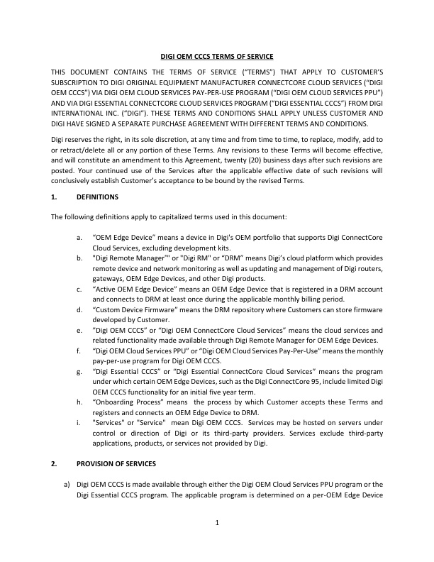 Digi OEM ConnectCore Cloud Services Terms of Service cover page