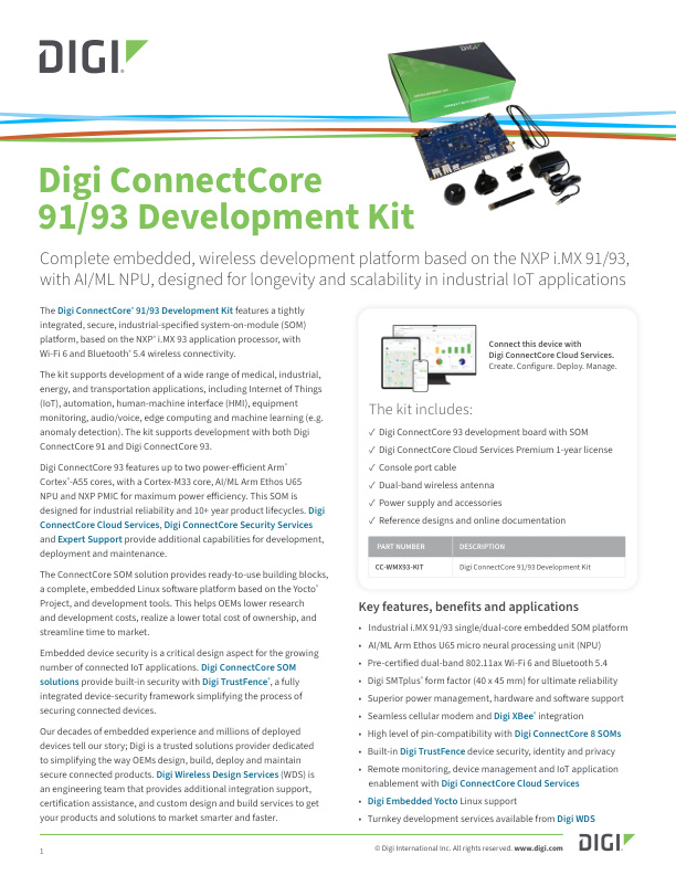 Digi ConnectCore 9 开发套件数据表