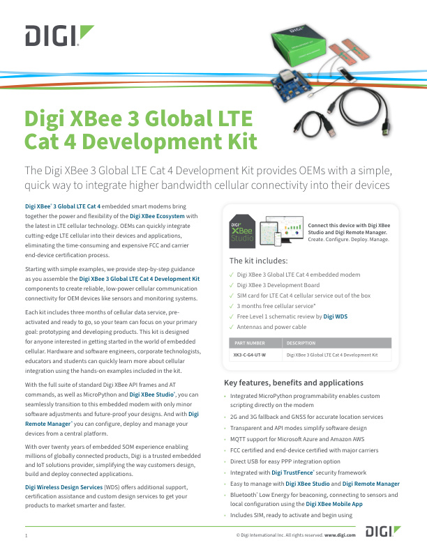 Digi XBee 3 Fiche technique du kit de développement LTE Cat 4 mondial