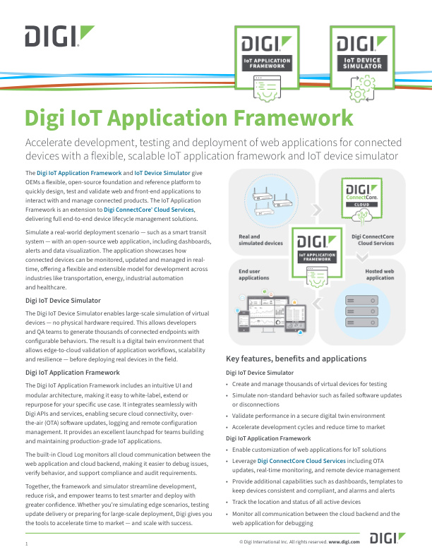 Digi IoT Application Framework und IoT Device Simulator Datenblatt Deckblatt