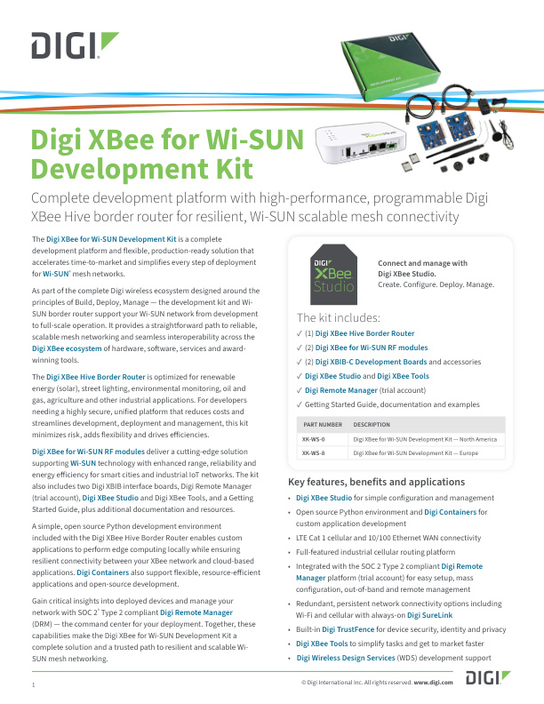 Digi XBee Wi-SUN 开发套件数据手册