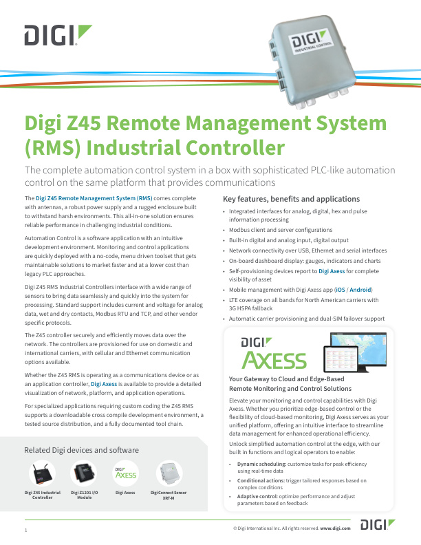Digi Z45 Remote Management System Industrial Controller Datenblatt Deckblatt