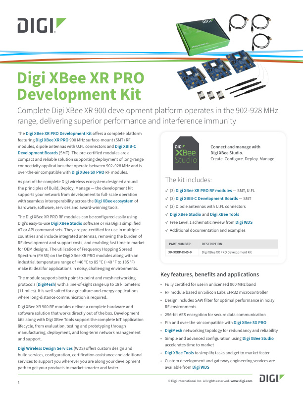 Fiche technique du kit de développement Digi XBee PRO