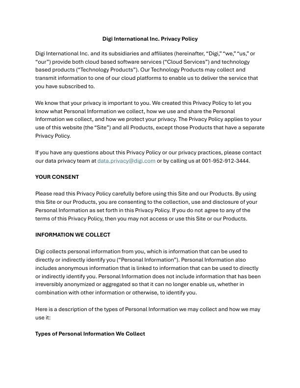 Digi International Inc. Privacy Policy cover page