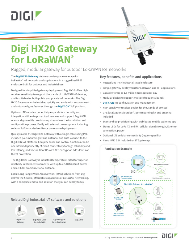 用于 LoRaWAN 的 Digi HX20 网关数据表封面页