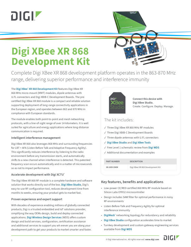 Digi XBee XR 868 开发套件封面页