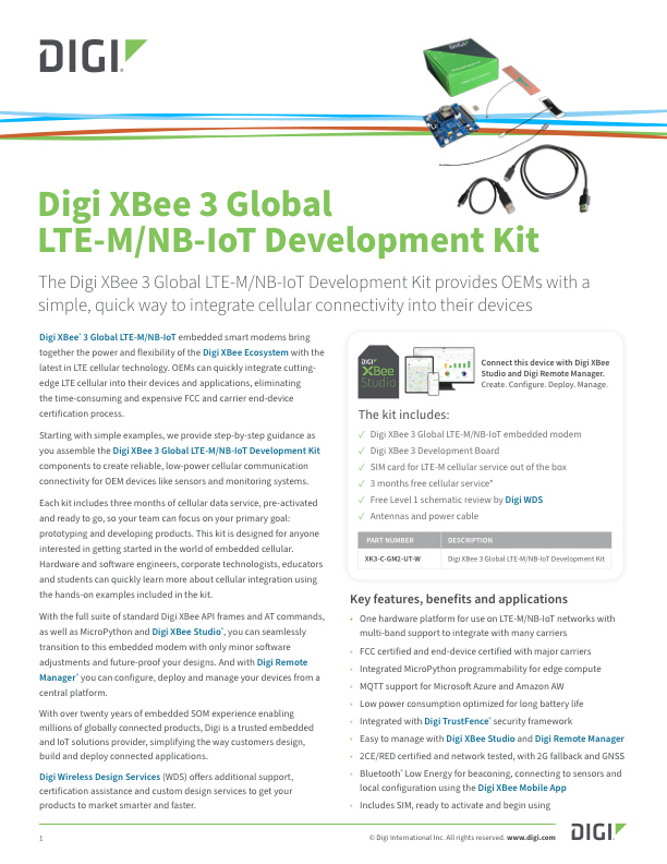 Digi XBee 3 Fiche technique du kit de développement Global LTE-M/NB-IoT